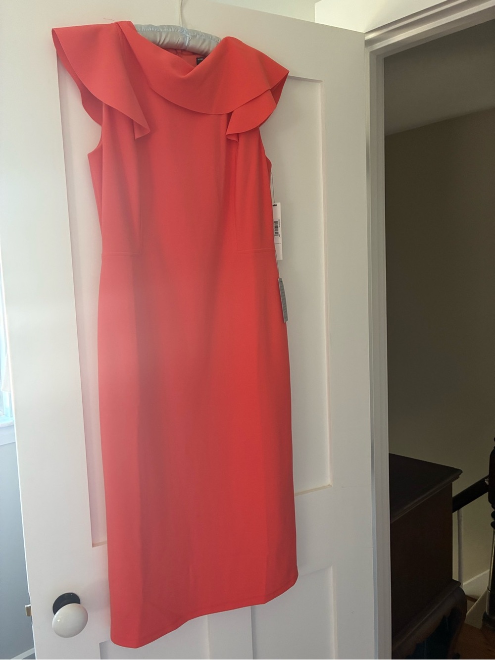 Maggy London Coral Red Ruffle-Neck Sheath Dress